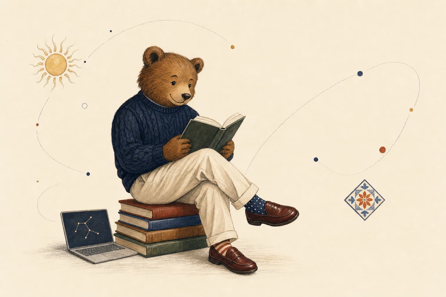 An original illustration of Lucas Bear reading on a stack of books, surrounded by orbit lines, a laptop constellation, a Miami sun, and a Madrid tile.